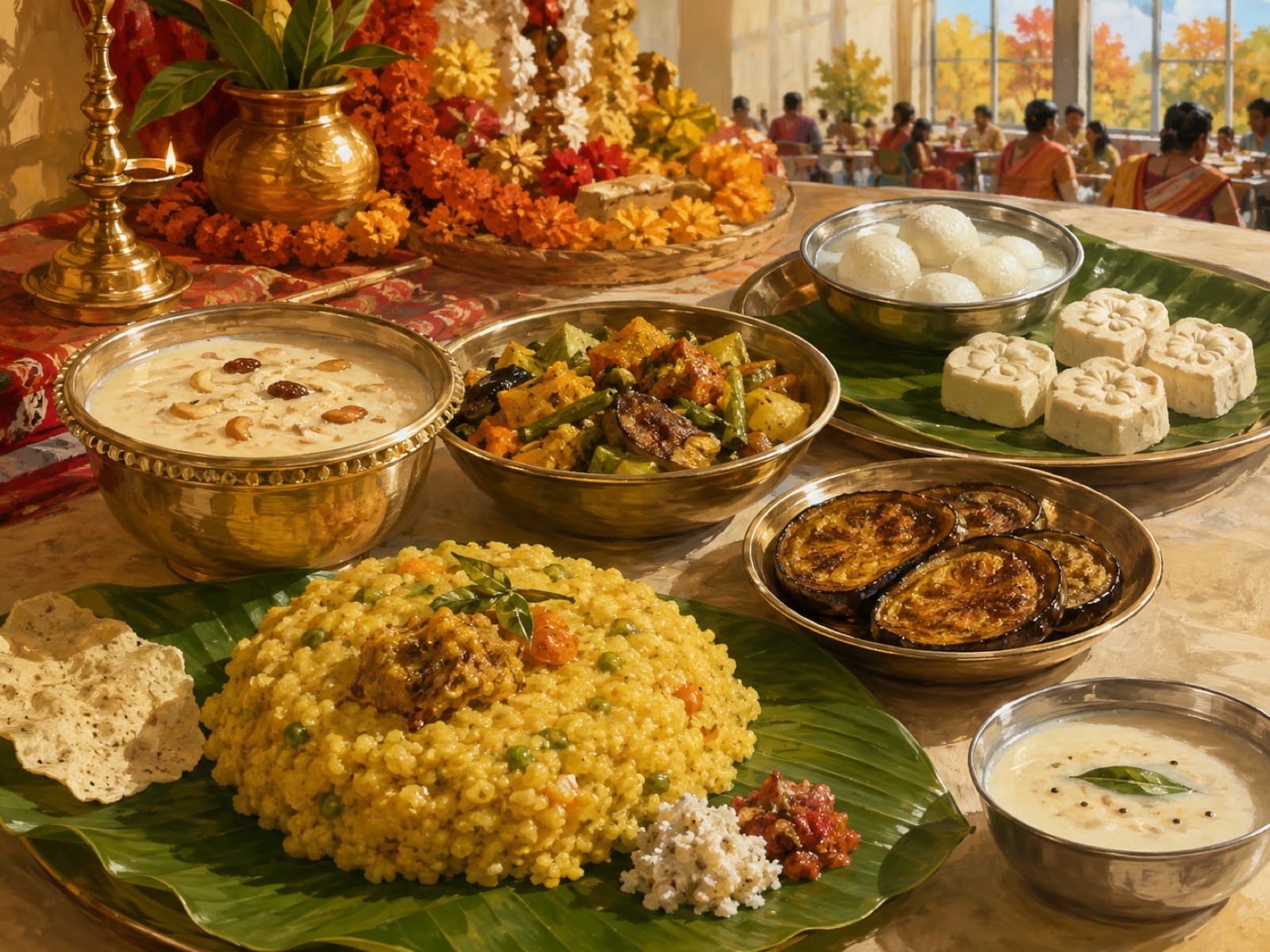 Illustration: a Bengali bhog lunch — khichuri, labra, begun bhaja, payesh, rosogolla and sandesh on banana leaves