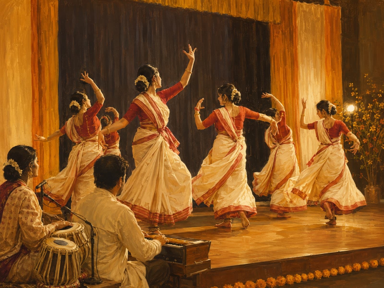 Illustration: dancers in white sarees with red borders performing on stage, tabla and harmonium at the side