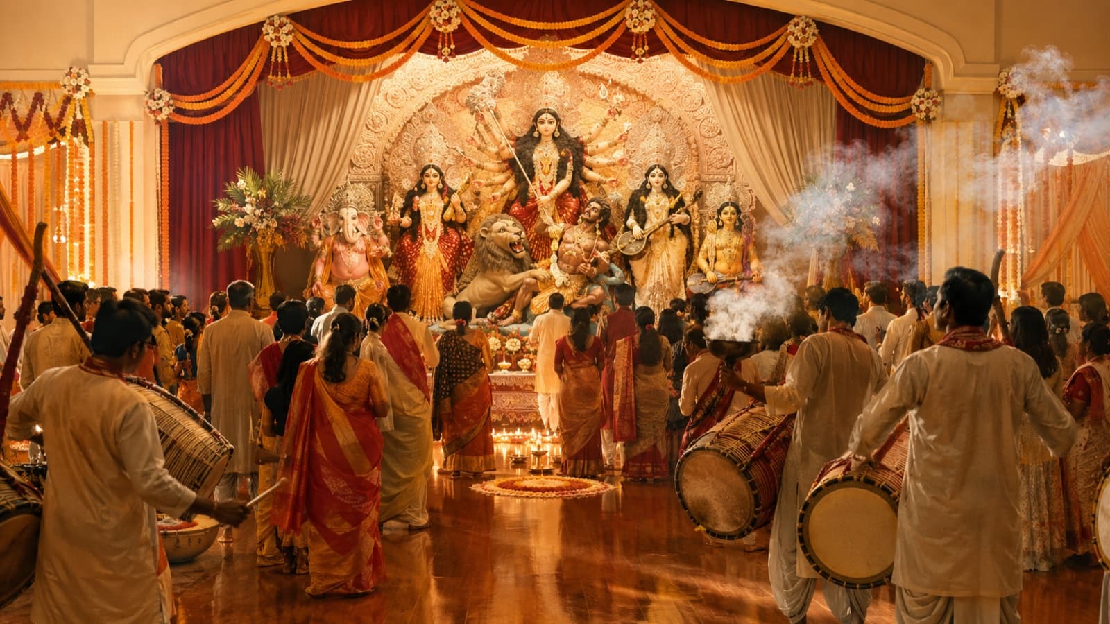 Illustration: a Durga Puja evening in a community hall — the Durga pratima with her four children on a decorated stage, dhak drummers and dhunuchi smoke, families gathered in sarees and kurtas