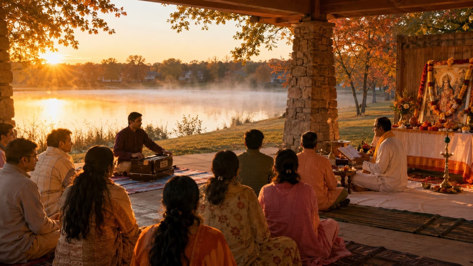 Illustration: Mahalaya at sunrise at a park shelter by a misty Kansas lake — a small group on mats, a harmonium, a priest reading