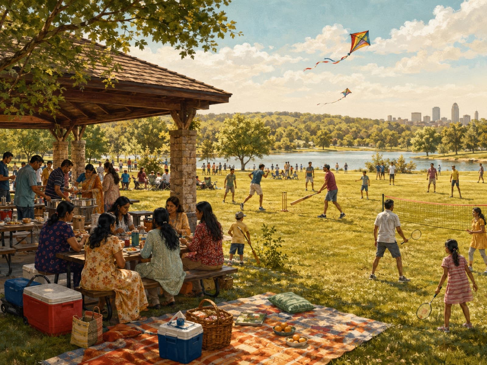 Illustration: a summer picnic in a Kansas park — families under a shelter, a cricket game, kites and a badminton net