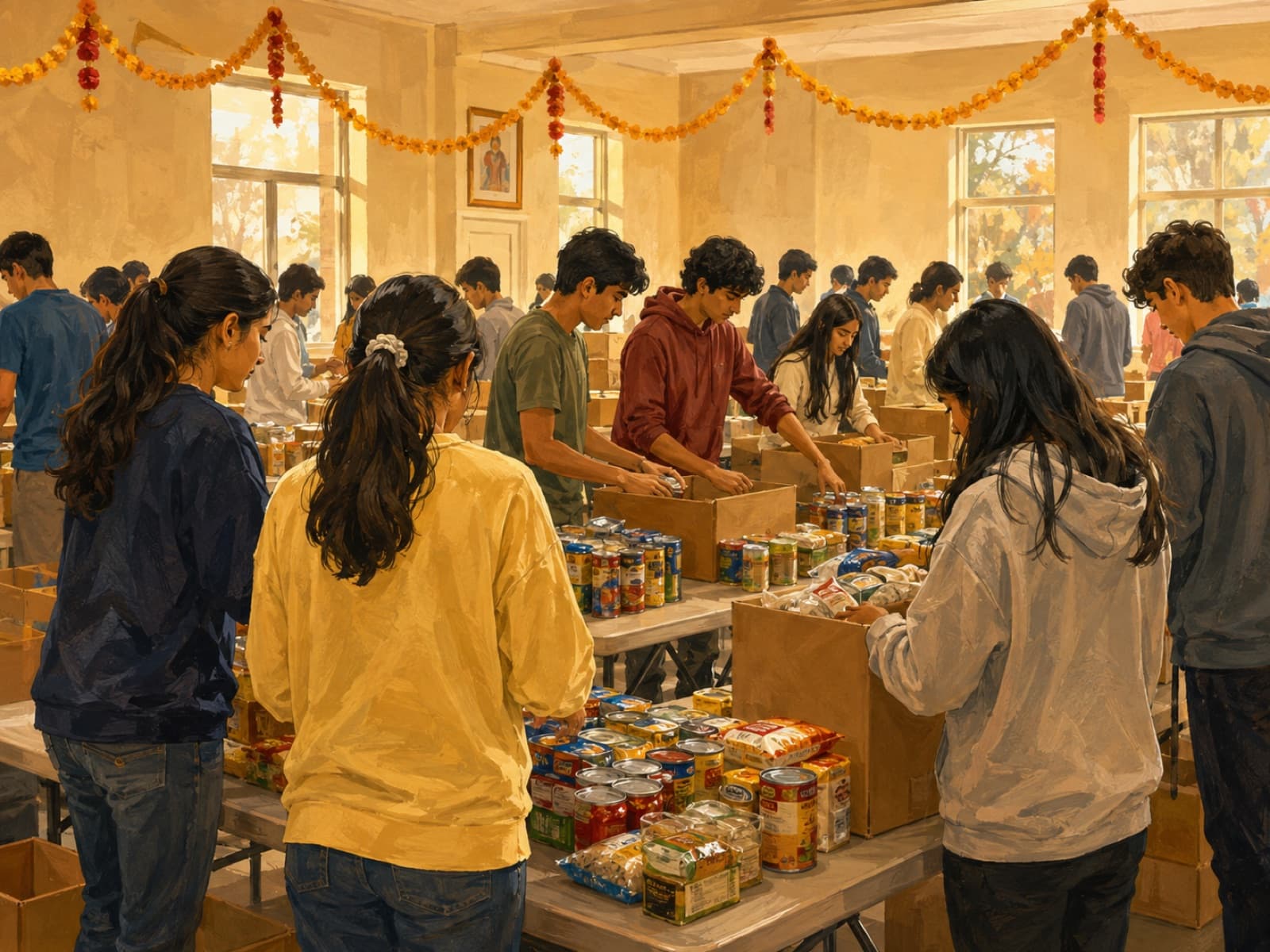 Illustration: teen volunteers packing food-drive boxes at long tables in a community hall