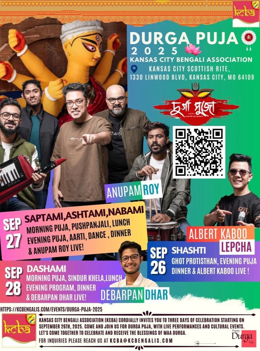 KCBA Durga Puja 2025 flyer with the day-by-day program: Shashthi September 26 with Albert Kaboo Lepcha, Saptami–Nabami September 27 with Anupam Roy, Dashami September 28 with Debarpan Dhar