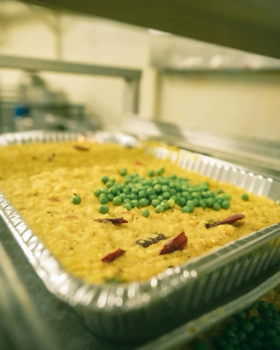 A tray of khichuri bhog topped with green peas and dried red chillies, cooked by KCBA volunteers on Ashtami morning 2022