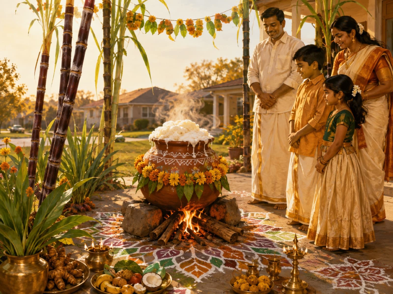 Illustration: Pongal — sweet pongal boiling over in a decorated clay pot on a wood fire, a kolam, sugarcane stalks and a family in traditional dress