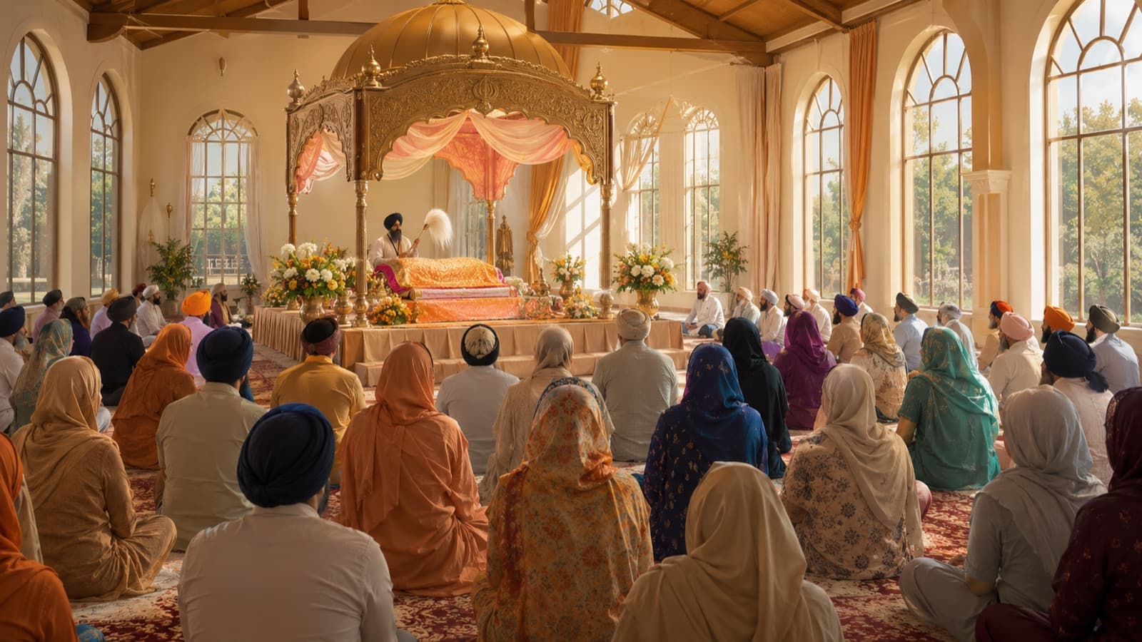 Illustration: inside a gurdwara diwan hall — the Guru Granth Sahib under a golden canopy on the palki, a granthi with the chaur, the sangat seated on the carpet with heads covered, morning light through tall windows