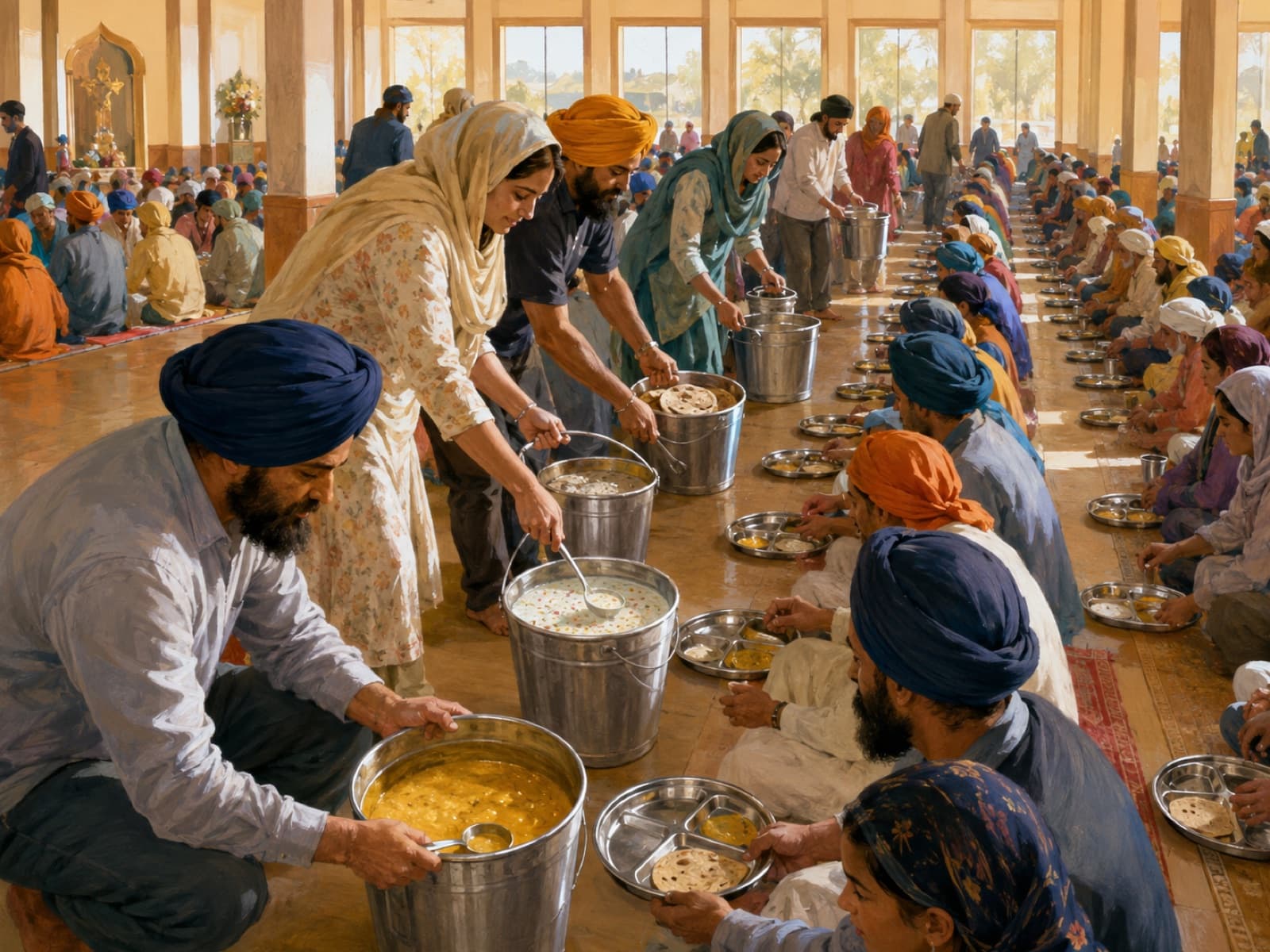 Illustration: langar seva — volunteers with covered heads serving dal, roti and kheer to rows seated on long mats