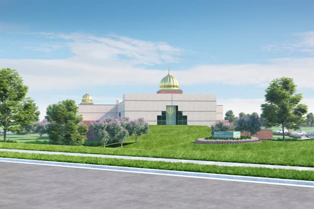Architect's rendering of the front elevation of the Lenexa gurdwara: a cream building with a central Khanda over the entrance and two golden domes